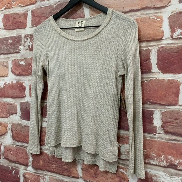 PPLA TOP WOMEN'S LARGE OATMEAL WAFFLE KNIT RAW EDGE HIGH LOW PULLOVER SHIRT - Picture 2 of 8